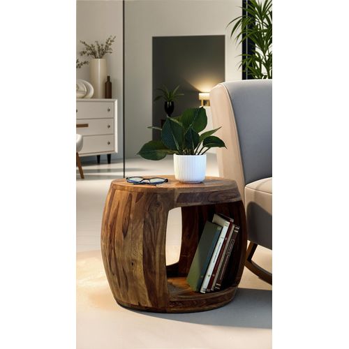 Table D'appoint D. 50cm Sheesham Bois Massif Rond Rangement Basse Table De Salon