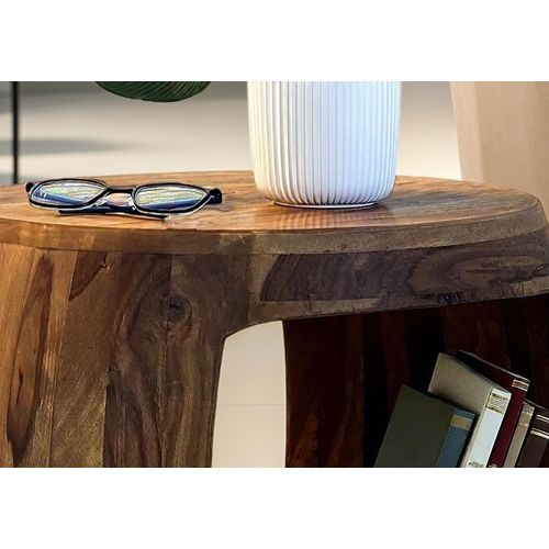 Table D'appoint D. 50cm Sheesham Bois Massif Rond Rangement Basse Table De Salon