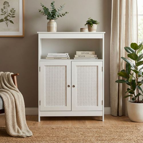 Étagère Sur Pied Blanche Portes Cannage Étagère De Rangement Armoire Commode