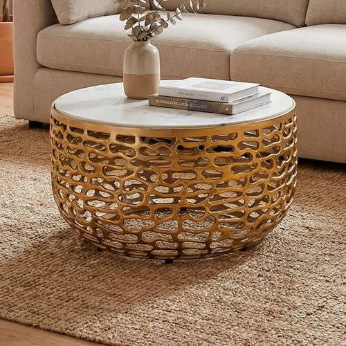 Table Basse Or Design En Métal Plateau Marbre Blanc Table De Salon Ronde 60cm