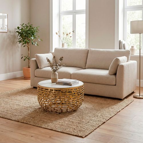 Table Basse Or Design En Métal Plateau Marbre Blanc Table De Salon Ronde 60cm