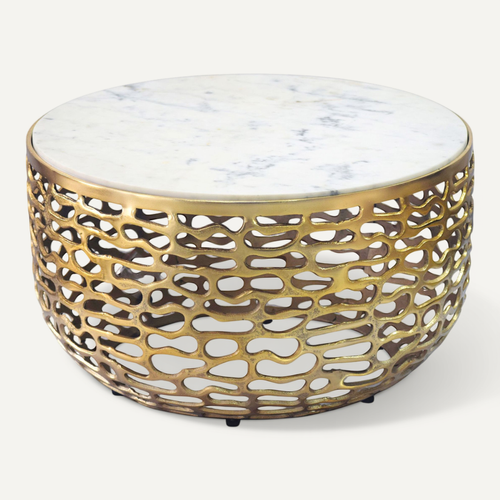 Table Basse Or Design En Métal Plateau Marbre Blanc Table De Salon Ronde 60cm