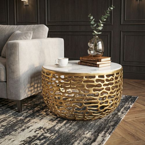 Table Basse Or Design En Métal Plateau Marbre Blanc Table De Salon Ronde 60cm