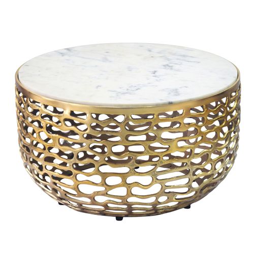Table Basse Or Design En Métal Plateau Marbre Blanc Table De Salon Ronde 60cm