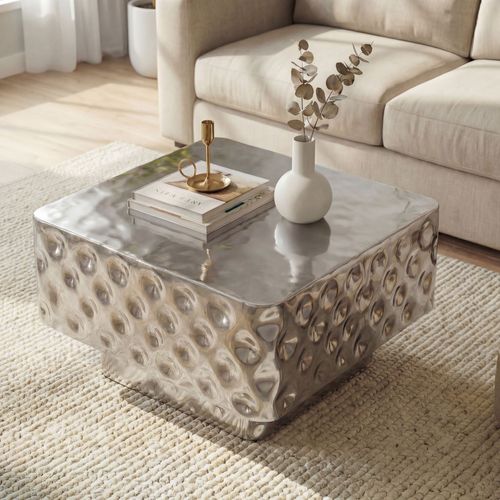 Table Basse 60cm Table De Canapé Métal Table De Salon Table D'appoint Martelé Argenté