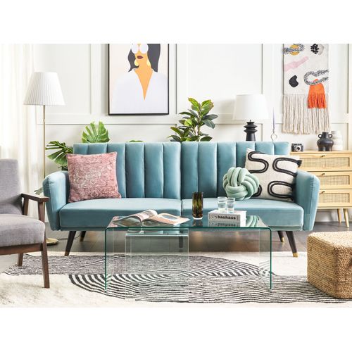 Canapé Convertible 3 Places En Velours Bleu Clair Vimmerby