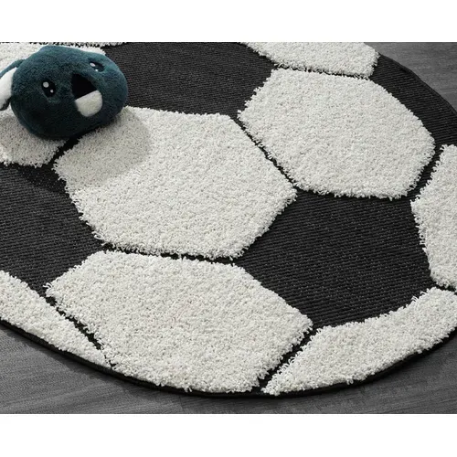 Tapis Lou Enfant Football, Noir Blanc, 160 Cm Ronde