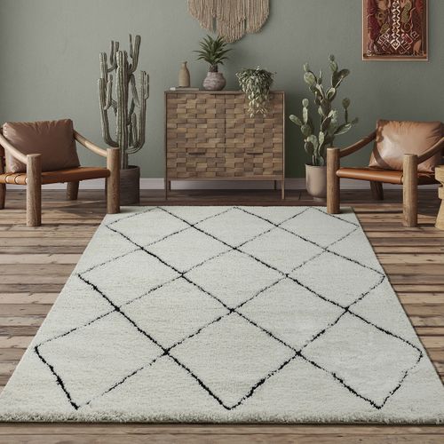 Tapis Bahar Shaggy Moderne Losange, Blanc Noir, 140x200 Cm