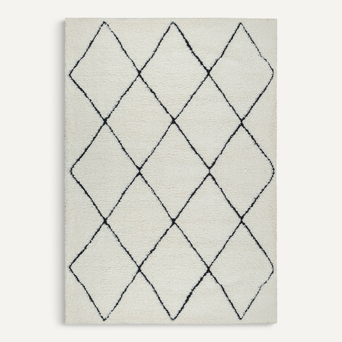 Tapis Bahar Shaggy Moderne Losange, Blanc Noir, 140x200 Cm