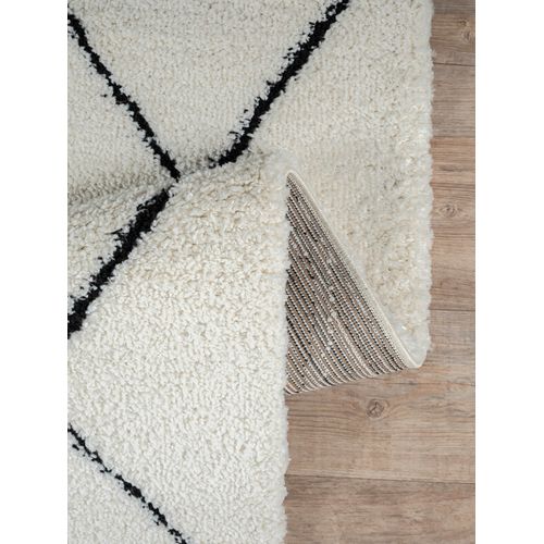 Tapis Bahar Shaggy Moderne Losange, Blanc Noir, 160x230 Cm