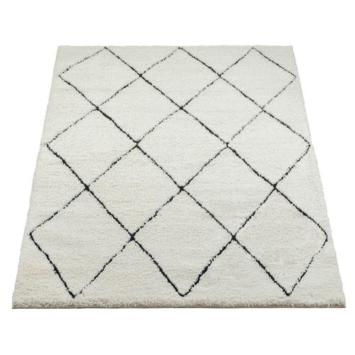 Tapis Bahar Shaggy Moderne Losange, Blanc Noir, 160x230 Cm