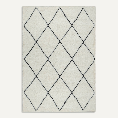 Tapis Bahar Shaggy Moderne Losange, Blanc Noir, 160x230 Cm