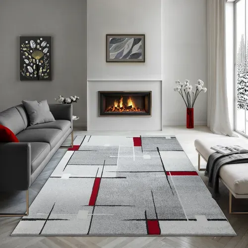 Tapis Pearl Moderne Salon Découpe Contour, Gris Rouge, 200x280 Cm