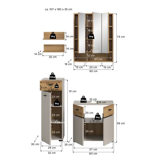 Ensemble De Salle De Bain 4 Pièces Aqua (lxhxp : Env. 107x191x35 Cm) , Coloris Cachemire