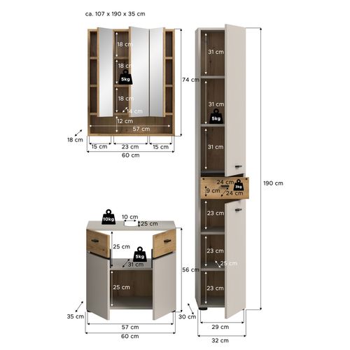 Ensemble De Salle De Bain 3 Pièces Aqua (lxhxp : Env. 107x191x35 Cm) , Coloris Cachemire