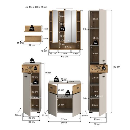 Ensemble De Salle De Bain 6pcs Avec éclairage Aqua (lxhxp : 154x191x35 Cm), Coloris Cachemire