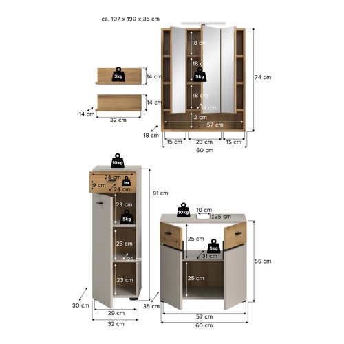 Ensemble De Salle De Bain 5pcs Avec éclairage Aqua (lxhxp : 107x191x35 Cm) , Coloris Cachemire