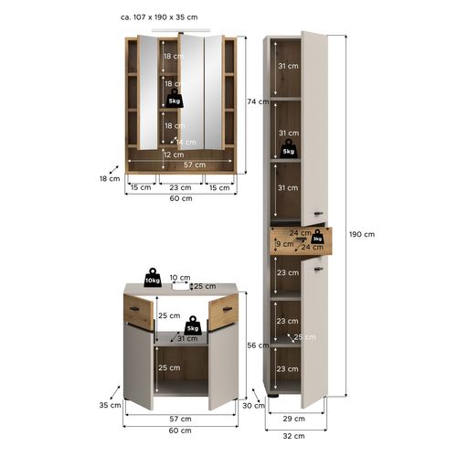 Ensemble De Salle De Bain 4pcs Avec éclairage Aqua (lxhxp : 107x191x35 Cm), Coloris Cachemire