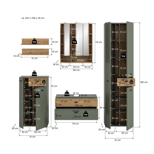 Ensemble De Salle De Bain 5 Pièces Aqua (lxhxp : Env. 207x191x35 Cm) , Coloris Vert Sauge