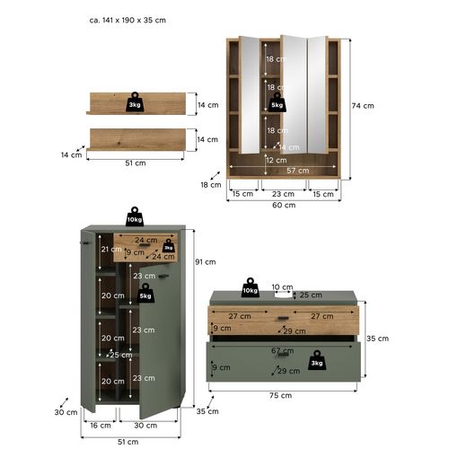 Ensemble De Salle De Bain 4 Pièces Aqua (lxhxp : Env. 141x191x35 Cm), Coloris Vert Sauge