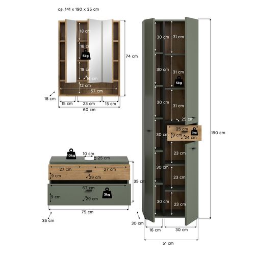Ensemble De Salle De Bain 3 Pièces Aqua (lxhxp : Env. 141x191x35 Cm), Coloris Vert Sauge