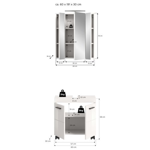 Ensemble De Salle De Bain 3pcs Avec éclairage Nova (lxhxp : 60x191x30 cm), Coloris Blanc Brillant