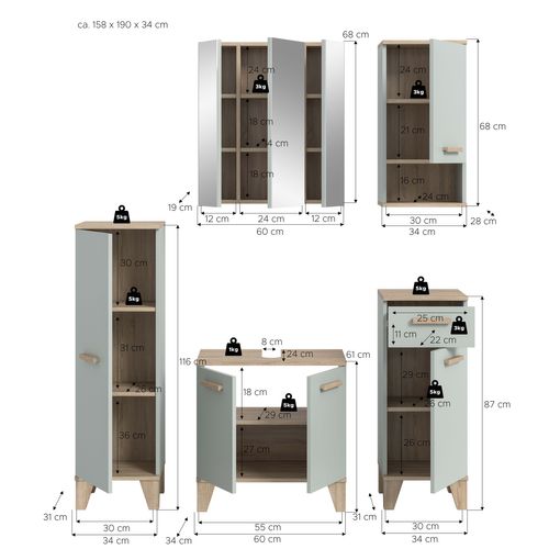 Ensemble De Salle De Bain 5 Pièces Star (lxhxp : Env. 158x190x34 Cm), Coloris Vert Clair
