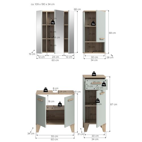 Ensemble De Salle De Bain 4 Pièces Star (lxhxp : Env. 109x190x34 Cm) , Coloris Vert Clair