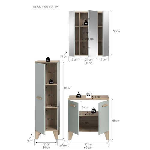 Ensemble De Salle De Bain 3 Pièces Star (lxhxp : Env. 109x190x34 Cm), Coloris Vert Clair