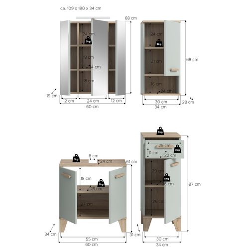 Ensemble De Salle De Bain 5pcs Avec éclairage Star (lxhxp: 109x190x34cm), Coloris Vert Clair