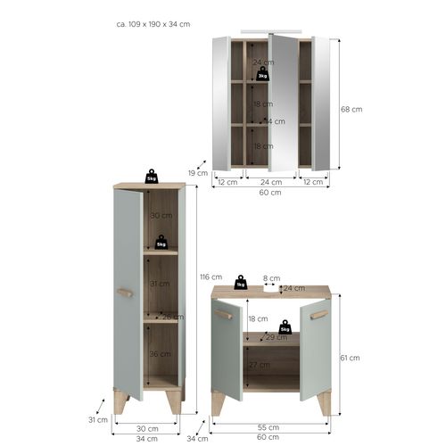 Ensemble De Salle De Bain 4pcs Avec éclairage Star (lxhxp: 109x190x34â cm), Coloris Vert Clair