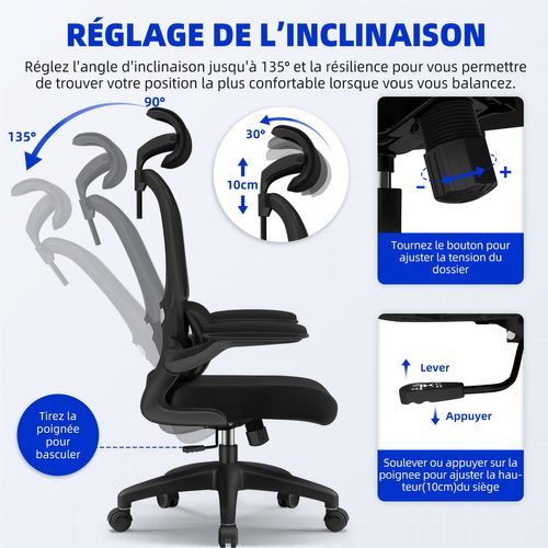 Fauteuil De Bureau, Accoudoirs Pliables, Soutien Lombaire Ergonomique, Fonction De Bascule, Noir
