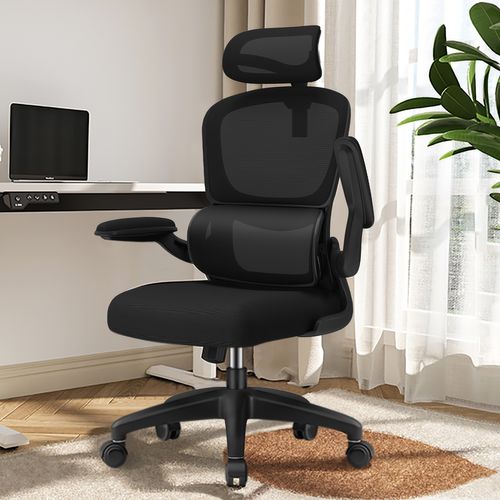 Fauteuil De Bureau, Accoudoirs Pliables, Soutien Lombaire Ergonomique, Fonction De Bascule, Noir