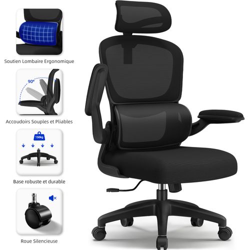 Fauteuil De Bureau, Accoudoirs Pliables, Soutien Lombaire Ergonomique, Fonction De Bascule, Noir