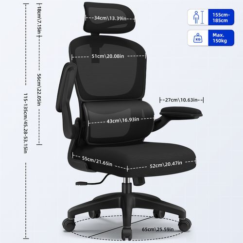 Fauteuil De Bureau, Accoudoirs Pliables, Soutien Lombaire Ergonomique, Fonction De Bascule, Noir