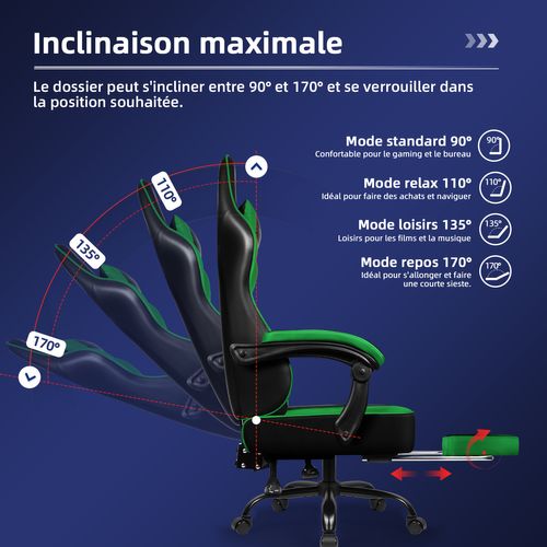Fauteuil Gaming ,chaise Gaming Inclinable 90°à 170°,charge 150 Kg，noir-vert