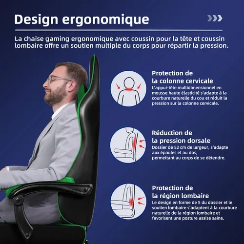 Fauteuil Gaming ,chaise Gaming Inclinable 90°à 170°,charge 150 Kg，noir-vert