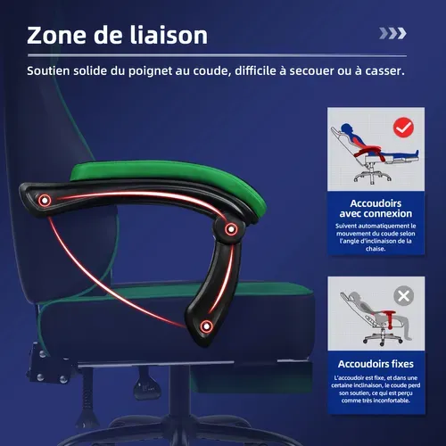 Fauteuil Gaming ,chaise Gaming Inclinable 90°à 170°,charge 150 Kg，noir-vert