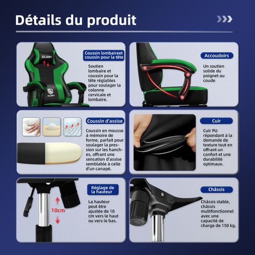 Fauteuil Gaming ,chaise Gaming Inclinable 90°à 170°,charge 150 Kg，noir-vert