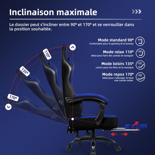 Chaise Gaming Ergonomique, Fauteuil Gaming Inclinable 90°à 170°,charge 150kg，noir-bleu