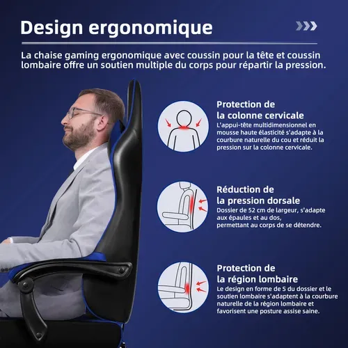 Chaise Gaming Ergonomique, Fauteuil Gaming Inclinable 90°à 170°,charge 150kg，noir-bleu