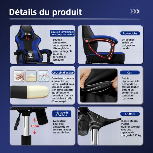 Chaise Gaming Ergonomique, Fauteuil Gaming Inclinable 90°à 170°,charge 150kg，noir-bleu