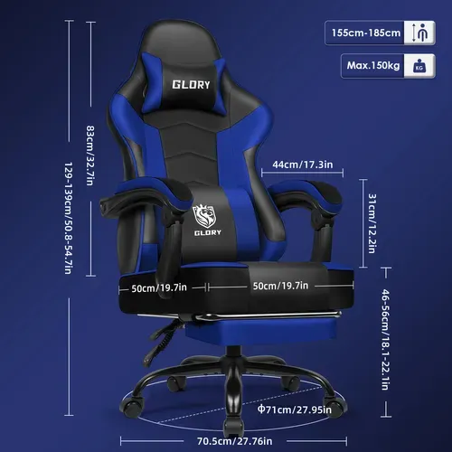 Chaise Gaming Ergonomique, Fauteuil Gaming Inclinable 90°à 170°,charge 150kg，noir-bleu