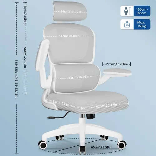 Fauteuil De Bureau, Accoudoirs Pliable, Inclinable, Soutien Lombaire Ergonomique,gris