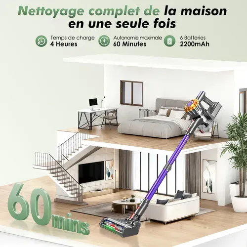 Aspirateur balai sans fil, 55000Pa/ 60 min /bac 1,6 L,aspirateur balai puissant,pour tous les sols