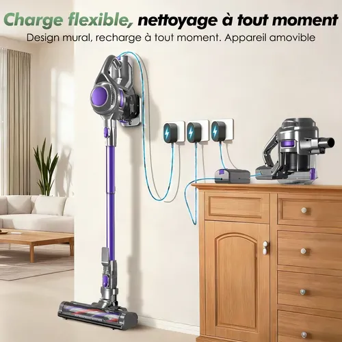 Aspirateur Balai 45KPA, Puissant 5en1, 50min D'autonomie, Batterie 6 X 2200 Mah, Capacité 1.6L