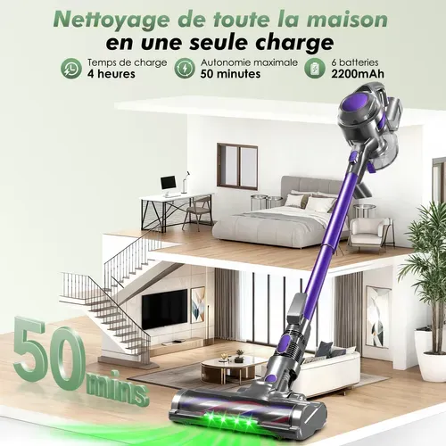 Aspirateur Balai 45KPA, Puissant 5en1, 50min D'autonomie, Batterie 6 X 2200 Mah, Capacité 1.6L