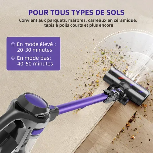 Aspirateur Balai 45KPA, Puissant 5en1, 50min D'autonomie, Batterie 6 X 2200 Mah, Capacité 1.6L
