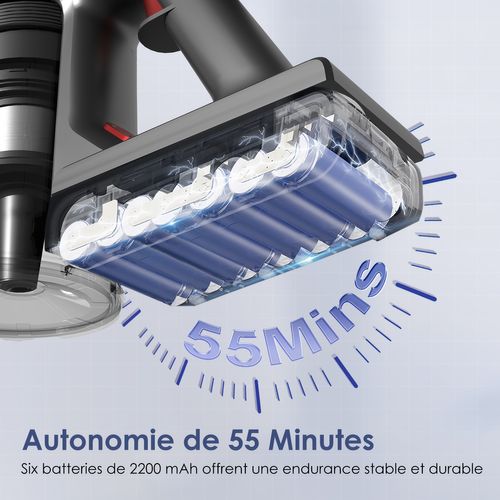 Aspirateur Balai Sans Fil 45kpa/1.6l/55mins D'autonomie,écran LED, 2 Vitesses,  Anti-emmêlement