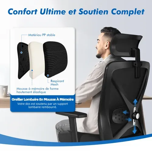 Fauteuil De Bureau Ergonomique, Chaise De Bureau Avec Support Lombaire 5d